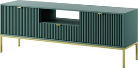 Stolik RTV Geriffelt NOVA, złote uchwyty, 2 drzwi, szuflada, półka, 154x56x39cm, czarna fasada, rama złota labrador