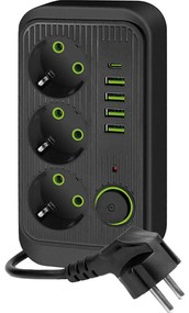 Rozgałęźnik z wyłącznikiem LINEA 3x230V + 5xUSB A/C 1,5 m SCHUKO czarny