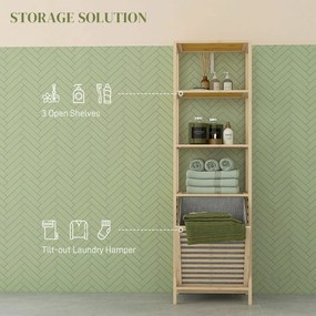 HOMCOM Regał łazienkowy z koszem na pranie, 3 półki, rama z bambusa, 44x33x160 cm, Naturalny