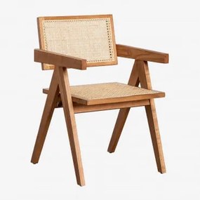 Krzesło Do Jadalni Z Podłokietnikami Z Drewna Jesionowego I Rattanu Lali Popielaty Brąz - Sklum