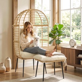 Outsunny Fotel ogrodowy z podnóżkiem, PE-rattan, w kształcie jajka, fotel koszowy z grubymi poduszkami, metalowa rama, beżowy | Aosom PL