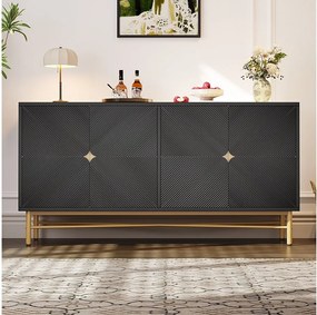 Czarny bufet z 4 drzwiami, uchwytami i złotymi nogami – do salonu i jadalni