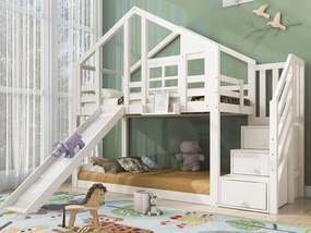 Łóżko piętrowe z litego drewna 90×200 cm - ze zjeżdżalnią i schodami z miejscem do przechowywania - białe