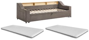 Łóżko wysuwane 2 x 80 x 200 cmze skrzynią  i portem USB - Tkanina - Taupe + Materac - ORAVAYA