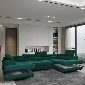 Masseno Narożnik RAGGIO z funkcją spania i pojemnikiem na pościel Narozniki U, Rozkładana sofa - Zielony, MONOLITH 37