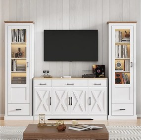 Zestaw mebli do salonu - 2 nowoczesne witryny z diodami LED + 1 kredens z 4 drzwiami + 3 szuflady - płyta wiórowa - kolor biały