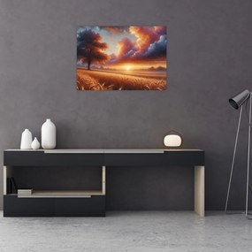 Obraz na szkle – Zachód słońca na polu (70x50 cm)