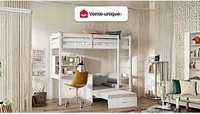 Łóżko antresola 90 x 200 cm z biurkiem, rozkładaną kanapą i schowkami - Drewno sosnowe i MDF - Biały - GOLIATH III