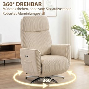 HOMCOM Fotel relaksacyjny elektryczny regulowany, fotel z funkcją leżenia, 2 silniki, obrotowy fotel TV z portem USB | Aosom PL