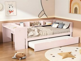 Łóżko pojedyncze 90x200 cm z łóżkiem wysuwanym - z biurkiem obok - Różowe