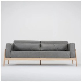 Ciemnoszara sofa z bawolej skóry z konstrukcją z litego drewna dębowego Gazzda Fawn, 210 cm