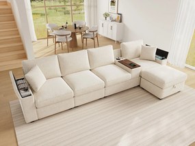 Nowoczesna sofa narożna 4-osobowa - z pufą - z wbudowaną przestrzenią do przechowywania - port USB/Type-C i uchwyt na kubek - tkanina z szenili - beżowy