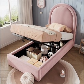 Łóżko ze schowkiem 90 x 200 cm z okrągłym zagłówkiem - Aksamit - Wzór kosmiczny - Różowy (bez materaca)