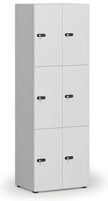 Drewniana szafka skrytkowa S4, 6 schowków, demontaż, zamek mechaniczny z kodem, szary/biały