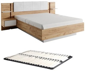 Łóżko z szafkami nocnymi 160 x 200 cm - Z oświetleniem LED - Naturalny i biały + Stelaż - ELYNIA