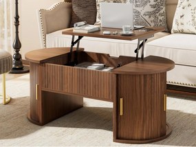 Owalna podnoszona stolik kawowy 100x50x40,5 cm - Otwarte półki i ukryta schowek - 2 drzwi przesuwne - MDF - Brązowy