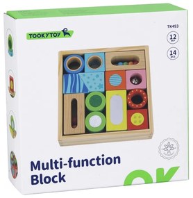 Tooky toy drewniane pudełko klocki sensoryczne układanka multifunkcyjna kształty dźwięk dotyk 12 el.