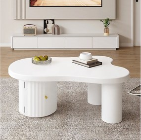 Biały stolik kawowy - Stolik kawowy z 1 drzwiami i cylindrycznymi nogami - wzór w kształcie chmurki - do salonów i biur