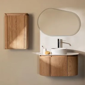 Zestaw Wiszących Mebli Łazienkowych 90x50 Cm Z Drewna Carsone Naturalna & Naturalna & Redondo Cerámica Blanco Rayas Ø36 Cm Sinqua - Sklum