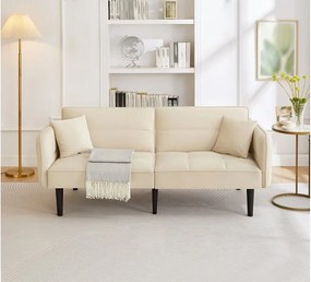 Sofa 2-osobowa, aksamit beżowy, tapicerowana sofa z regulowanym oparciem, czarne drewniane nogi