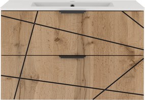 Szafka ścienna 80 cm z umywalką wpuszczaną Wood 01, dąb wotan - zestaw 3