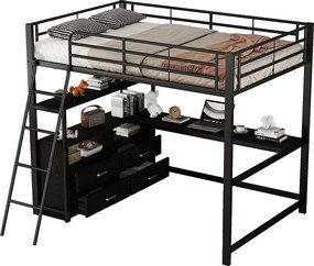 Łóżko mezzanine 140x200cm - biurko narożne z szufladami - z MDF i metalu - Czarny