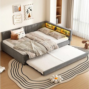 Łóżko wysuwane 140x200 cm, szara tkanina lniana, leżanka z portami USB i oświetleniem LED, bez materaca