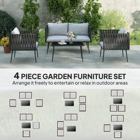 Outsunny Zestaw mebli ogrodowych dla 4 osób, odporny na warunki atmosferyczne, zestaw balkonowy z sofą dwuosobową, fotelami, stolikiem i poduszkami, Jasnoszary