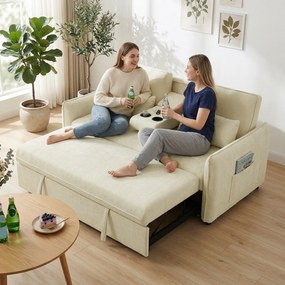 HOMCOM 3-w-1 Rozkładana Kanapa, Sofa Dwuosobowa z Uchwytami na Napoje, Regulowanym Oparciem i Kieszeniami Boczynymi, Beżowa | Aosom PL