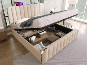 Łóżko z pojemnikiem 140x200cm z tkaniny lnianej - z ładowaniem USB i Type-C - ozdobione złotymi paskami - Beżowe