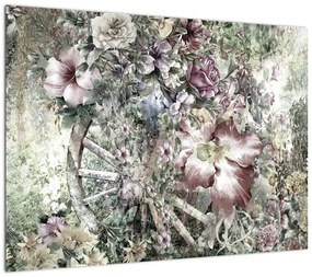 Obraz kwiatów na drewnianym kole (70x50 cm)