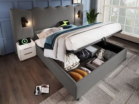 Łóżko do przechowywania 160x200cm z lnu - z lampką do czytania i funkcją ładowania - z stelażem na listwy - Szare