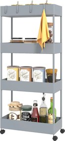 Wózek kuchenny HOMCOM z 4 półkami, 4 elastycznymi hakami, na kółkach, 40 x 19 x 90 cm, wózek do wnęki, szary