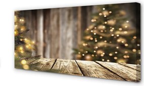 Obraz drukowany na płótnie Deski, Choinka i Lampki