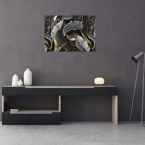 Obraz - Tropikalne liście w kolorze czarno - złotym (70x50 cm)