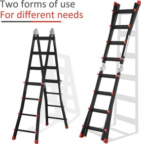 HOMCOM Drabina Teleskopowa, Antypoślizgowe Stopnie, do 150 kg, Aluminium, Czarno-Czerwona