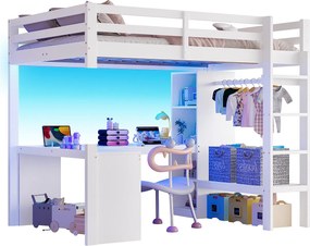 Łóżko na antresoli 140x200 cm - z biurkiem - z otwartą szafą - z oświetleniem LED i portem USB - biały (materac nie w zestawie)