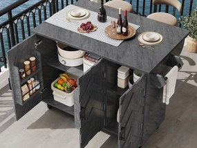 Mobilna wyspa kuchenna - Rozkładany blat - 130x75x92 cm - 3 drzwi - otwarte półki - z wieszakiem na ręczniki - MDF - Szary