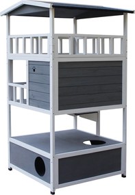 PawHut Domek dla Kota 4-poziomowy z Toaletą, Balkon, Dach Asfaltowy, Drewno, Szary, 78 x 76 x 140 cm