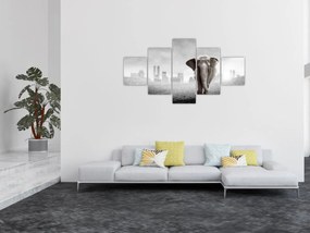 Obraz - Słonie w wielkim mieście, wersja czarno - biała (125x70 cm)