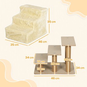 PawHut Składana Drabinka dla Zwierząt Domowych, 3 Stopnie, Pokrycie z Pluszu, Płyta Wiórowa, 46 x 35 x 35 cm, Beżowa