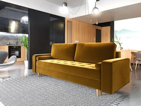 Musztardowa welurowa sofa rozkładana C5-T55