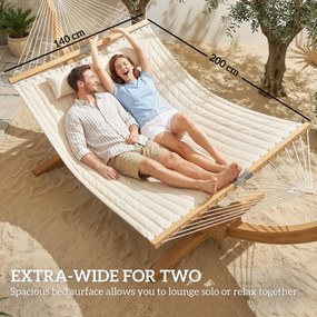 Outsunny Hamak Zewnętrzny 200x140 cm, Dwuwarstwowy Hamak z Zagłówkiem, Kieszenią na Magazyny i Drewnianymi Drążkami, do 200 kg | Aosom PL