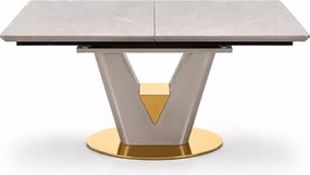 Stół Valentinko 160-220 cm – rozkładany, prostokątny z blatem ceramicznym i MDF lakierowanym w jasnym popielu złote wstawki