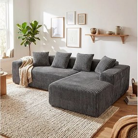 Modułowa Narożna Sofa Prawa 3-osobowa, w Welurze Żebrowanym szarym, z 4 Poduszkami, leżanką i boczną kieszenią, 261x156x80cm
