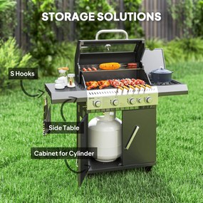 Outsunny Grill gazowy 12 KW na wózku z 5 palnikami bocznym palnikiem kółkami pokrywą termometrem bocznymi półkami 135 x 54 x 110 cm