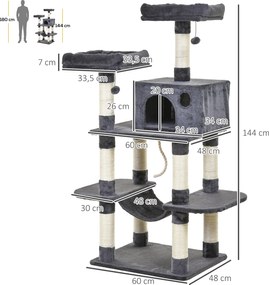 PawHut Drapak dla kota, domek dla kota, z hamakiem i sizalowymi słupkami, pluszowa piłka, plusz, ciemnoszary