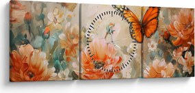 Obraz - Motyl i kwiaty, obraz olejny (z zegarem) (90x30 cm)