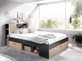 Łóżko LEANDRE z zagłówkiem, ze skrzynią  i szufladą – 90 × 190 cm – kolor biały i naturalny, materac i stelaż w zestawie