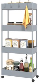 Wózek kuchenny HOMCOM z 4 półkami, 4 elastycznymi hakami, na kółkach, 40 x 19 x 90 cm, wózek do wnęki, szary